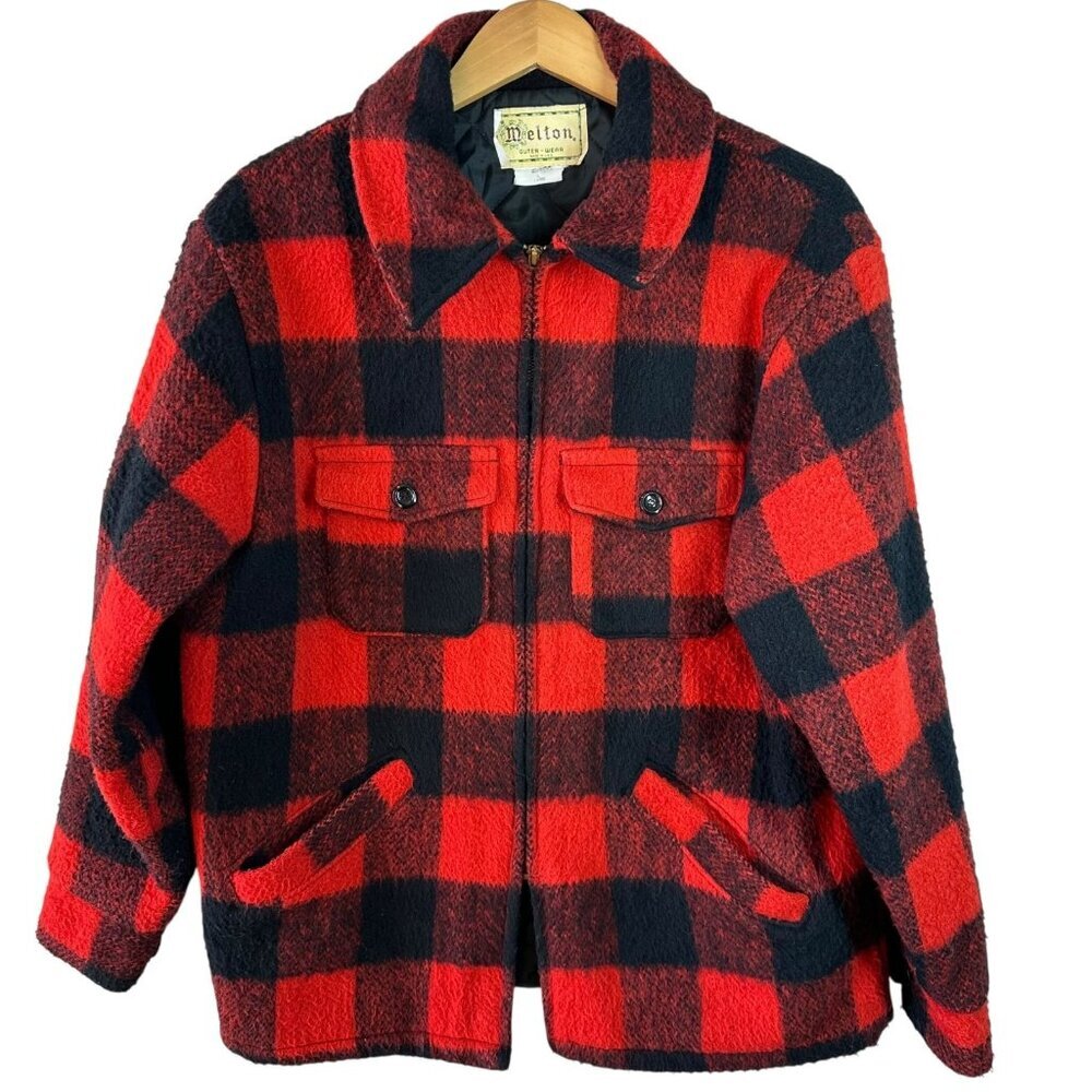 Vintage Melton Buffalo Plaid Wool Jacket Red Black Zip Hunting Coat Men’s L - Picture 2 of 6